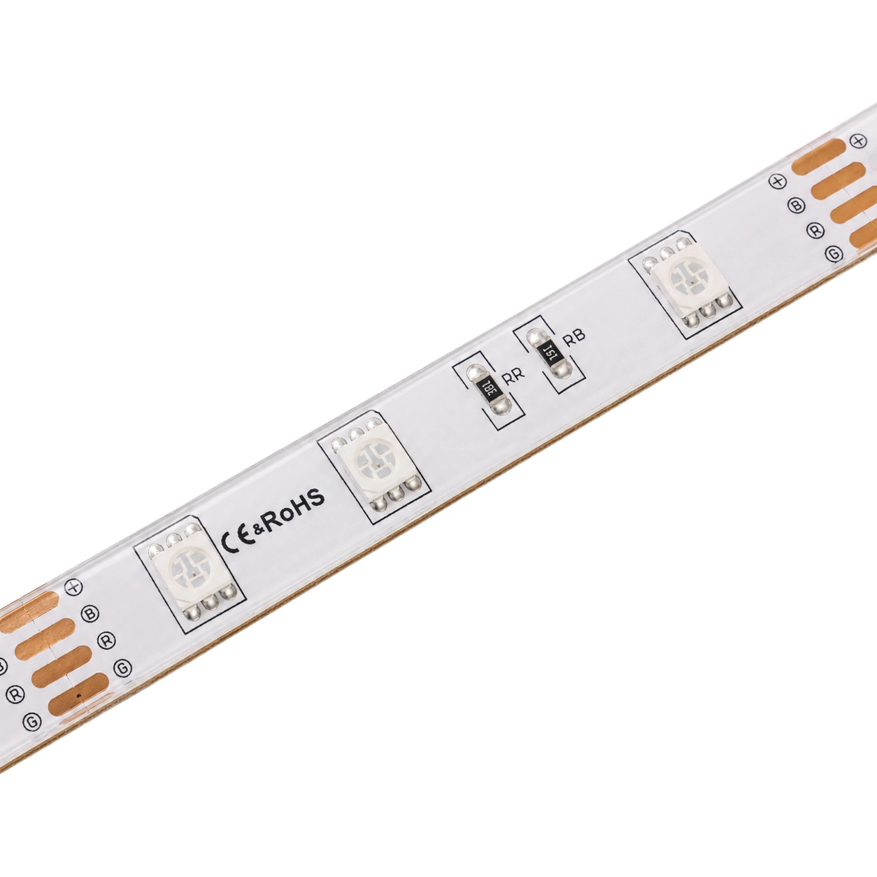 Detail LED čipů zalitého RGB pásku